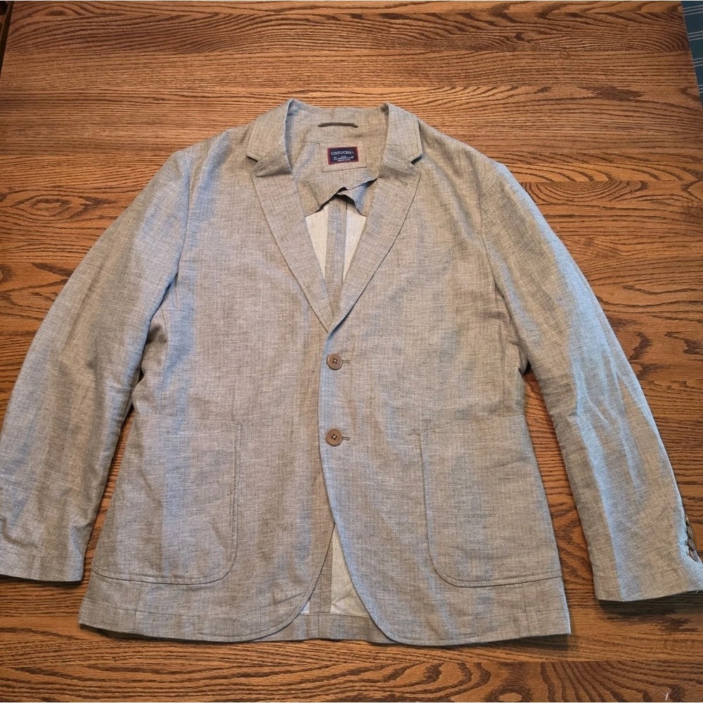 UNTUCKIT Unstructured Linen Cotton Blend Men's Blazer Size 40S Brown Herringbone